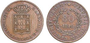 Moçambique - D. Maria II - 80 Réis 1840; ... 