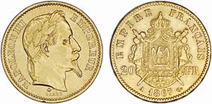 France - Gold - 20 Francs 1867 A; KM.801.1; ... 