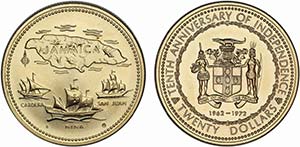 Jamaica - Gold - 20 Dollars (1972); 10th ... 
