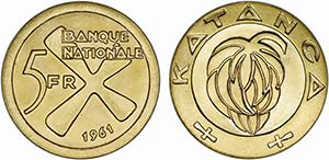 Katanga - Gold - 5 Francs 1961; KM.2a; ... 