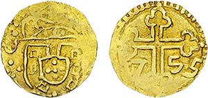 Ouro - S. Tomé de 5 Xerafins 1755; Damão; ... 