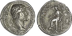 Romanas - Adriano (117-138) - Denário; ... 