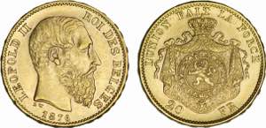 Bélgica - Ouro - 20 Francs 1876; position ... 