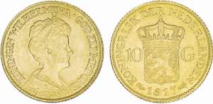 Países Baixos - Ouro - 10 Gulden 1917; ... 
