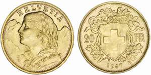 Suíça - Ouro - 20 Francs 1947 B; KM.35.2; ... 
