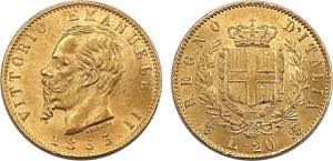 Italy - Gold - 20 Lire 1863; Uncirculated