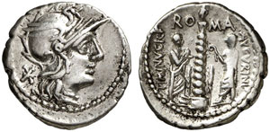 T. Minucius C. f. Augurinus.  Denar, 134 v. ... 