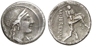M. Herennius.  Denar, 108/107 v. Chr. Kopf ... 