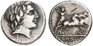 Ogulnius u. a.  Denar, 86 v. Chr. Apollokopf ... 