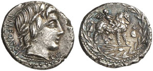 Mn. Fonteius.  Denar, 85 v. Chr. Apollokopf ... 