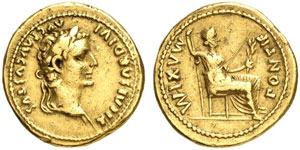 Tiberius, 14 - 37.  Aureus. Rev. Thronende ... 
