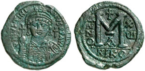 Iustinianus I., 527 - 565.  Follis, Jahr 16, ... 