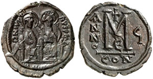 Iustinus II., 565 - 578.  Follis, Jahr 6. ... 