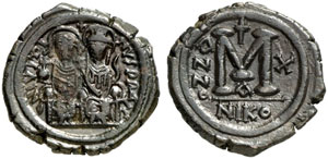 Iustinus II., 565 - 578.  Follis, Jahr 10, ... 