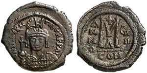 Mauricius Tiberius, 582 - 602.  Follis, Jahr ... 