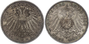 Lübeck 3 Mark, 1908, wz. Rf., ... 