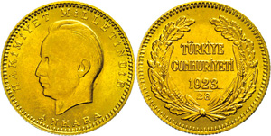 Turkey 100 piastre, Gold, 1946, ... 