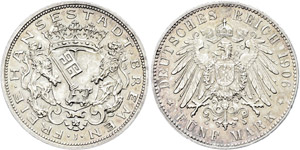 Bremen  5 Mark, 1906, J, kl. ... 