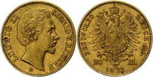 Bayern  20 Mark, 1872, Ludwig II., ... 