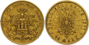 Hamburg  20 Mark, 1877, Wappen, J. ... 