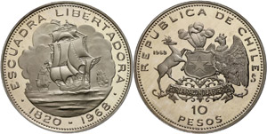 Chile  10 Peso, 1968, ships, KM ... 