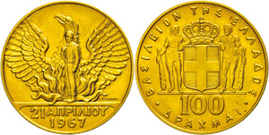 Greece  100 Drachma, Gold, 1967 ... 