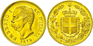 Italy  20 liras, Gold, 1879, ... 