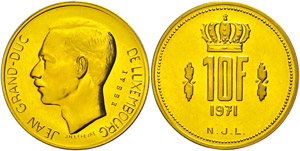 Luxembourg  10 Franc, Gold, 1971, ... 