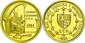 Andorra  25 Diners, Gold, 1992, KM ... 
