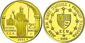 Andorra  25 Diners, Gold, 1994, KM ... 