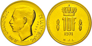 Luxemburg  10 Francs, Gold, 1971, ... 