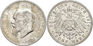 Bavaria Duchy 5 Mark, 1914, Ludwig ... 