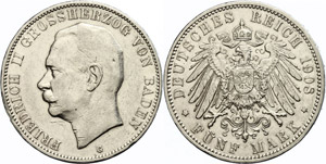 Baden 5 Mark, 1908, Friedrich II. ... 