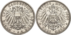 Lübeck 3 Mark, 1909, Rf, extremly ... 