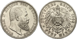 Württemberg 5 Mark, 1908, Wilhelm ... 