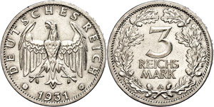 Münzen Weimar 3 Reichsmark, 1931 ... 