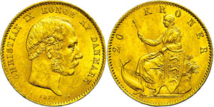 Denmark 20 coronas, Gold, 1877, ... 