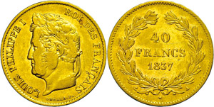 Frankreich 40 Francs, Gold, 1837, ... 