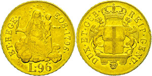 Italy Genoa, 96 liras, Gold, 1796, ... 