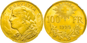 Switzerland 100 Franc, Gold, 1925, ... 