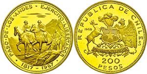 Chile 200 Peso, Gold, 1968, ... 