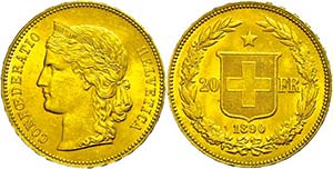 Switzerland 20 Franc, Gold, 1890, ... 