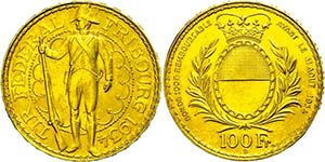 Switzerland 100 Franc, Gold, 1934, ... 