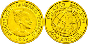 Denmark 1000 crown, Gold, 2008, ... 