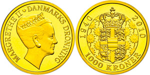 Denmark 1000 coronas, Gold, 2010, ... 