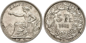 Switzerland 5 Franc, 1851, HMZ ... 