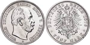 Prussia 5 Mark, 1875, B, Wilhelm ... 