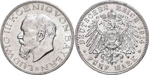 Bavaria 5 Mark, 1914, Ludwig III. ... 