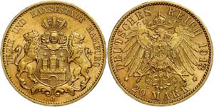 Hamburg 20 Mark, 1913, Wappen, vz, ... 