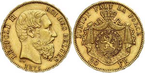 Belgium 20 Franc, Gold, 1875, ... 